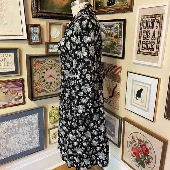 April Cornell 2X Floral Black & White Floral Dress With Long Sleeve & Tie Waist - Picture 3 of 5